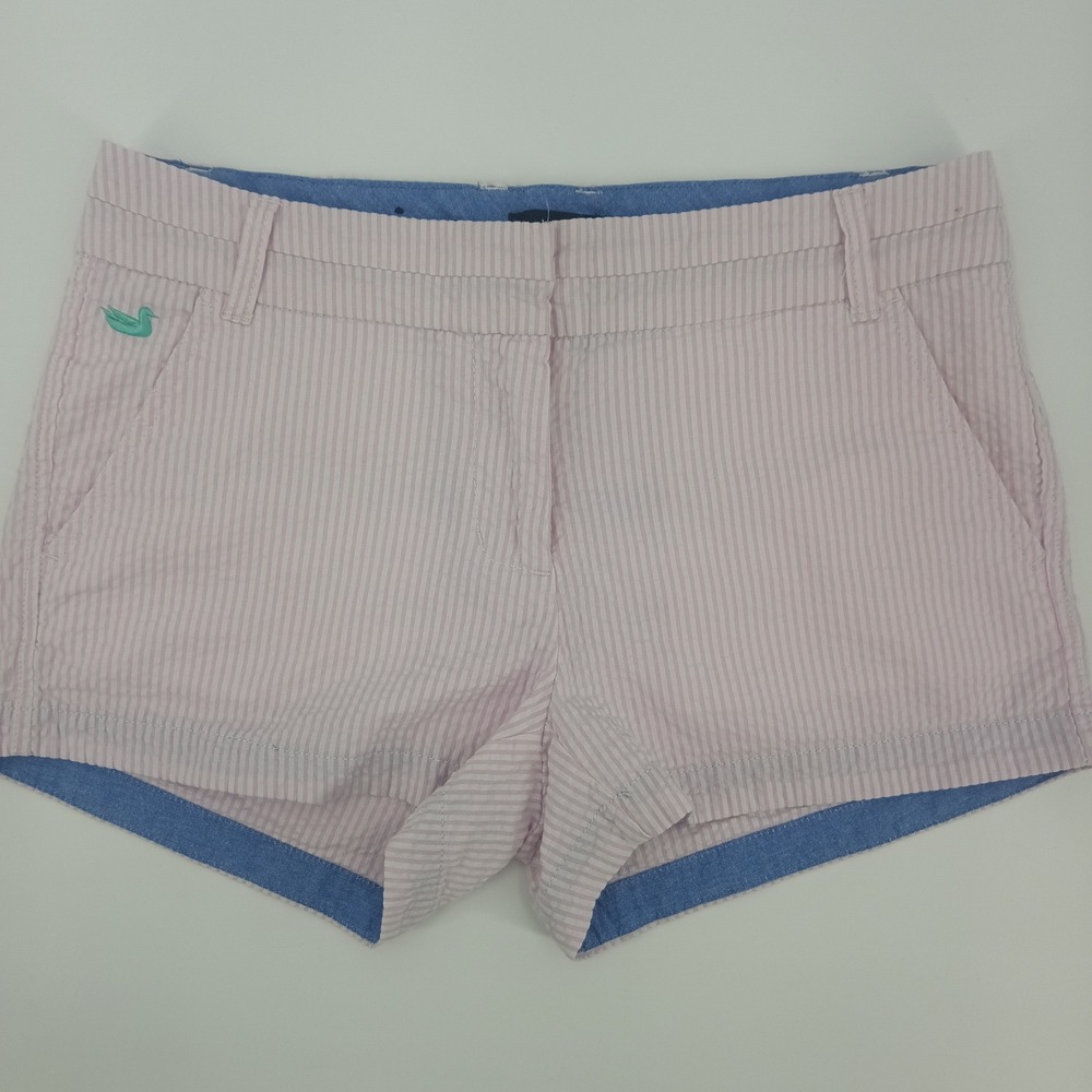 Southern Marsh Womens Pink White Seersucker Striped Shorts Sz 2 Preppy Duck Logo